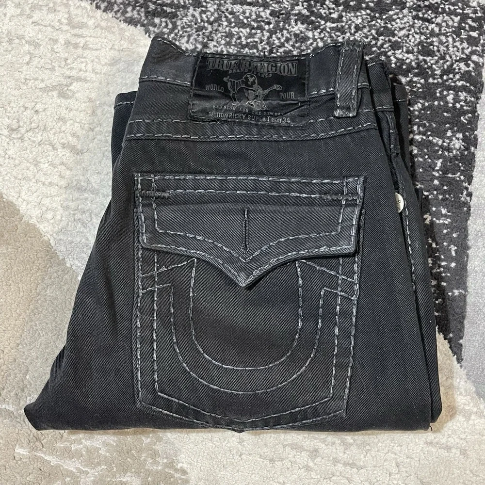 True Religion Ricky Super T Jeans Men 34x32 Black‎ Flap Pocket Thick Stitch USA